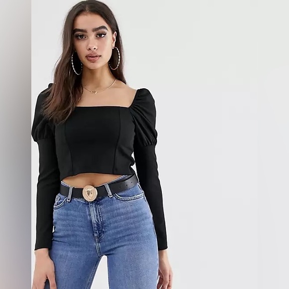 ASOS Design Black Puff Sleeve Long Sleeve Crop Top (Size 0) - Picture 8 of 8